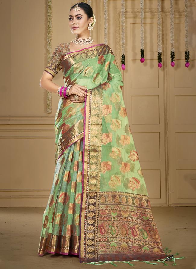 Organza Pista Green Traditional Wear Weaving Saree